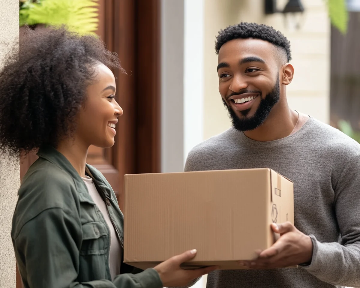 Happy couple receiving their Zebit purchase delivery