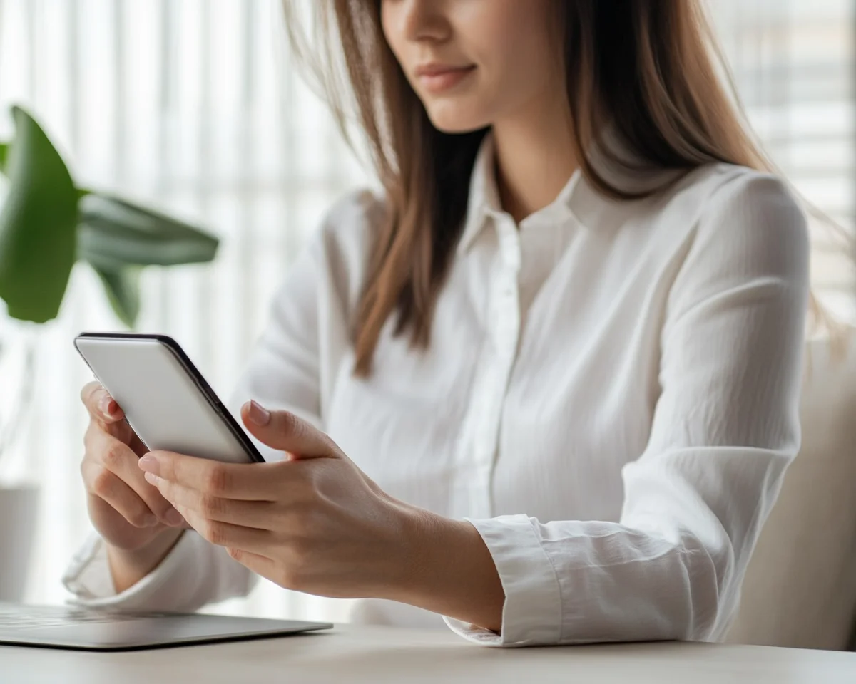 Woman using smartphone to apply for Zebit