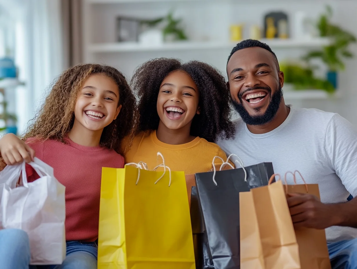 Happy family with shopping bags